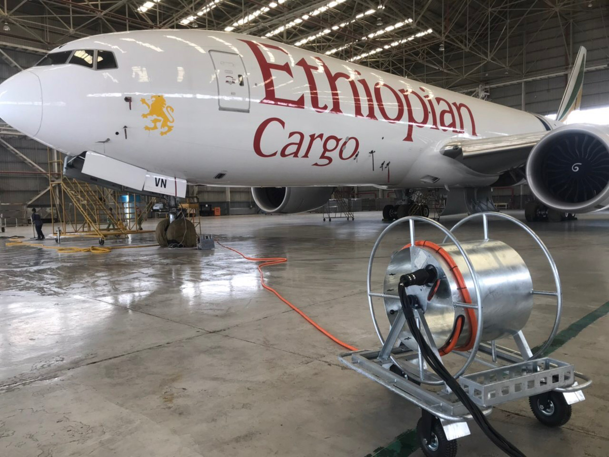 Cable reel system for aircraft ground power at Ethiopian Cargo hangar
