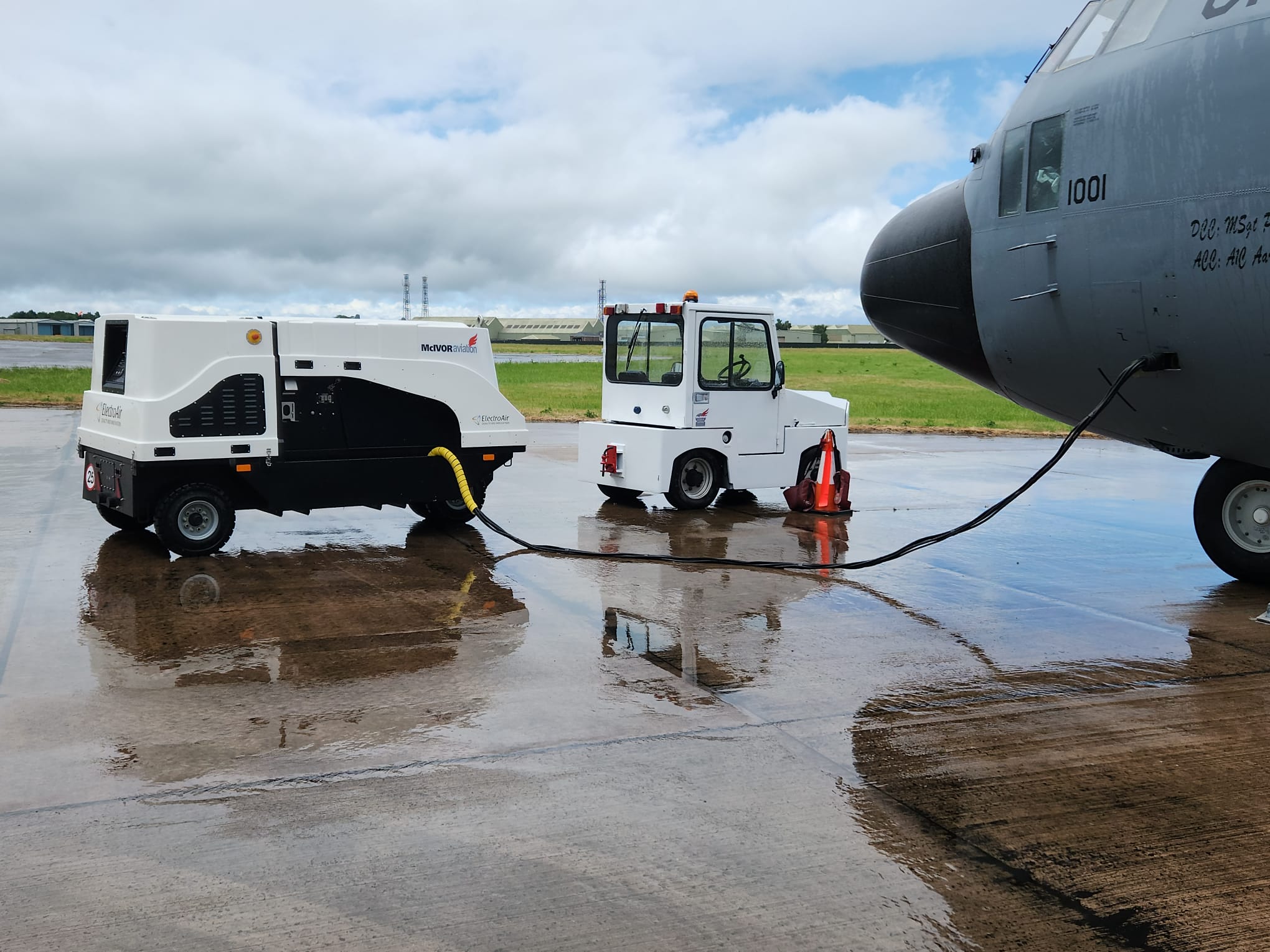 ElectroAir APA-150 diesel ground power unit supplying C-130 military aircraft