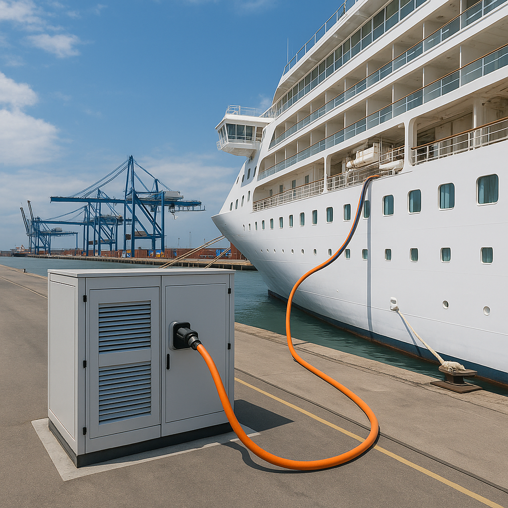 Large white cruise ship connected to shore power unit at seaport terminal